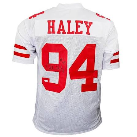Example of a white Charles Haley number 94 signed 49ers jersey
